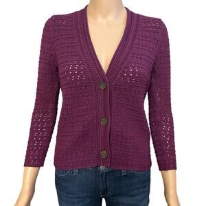 Ann Taylor Loft Open Knit Cardigan XS Purple Button Down 3/4 Sleeve Preppy
